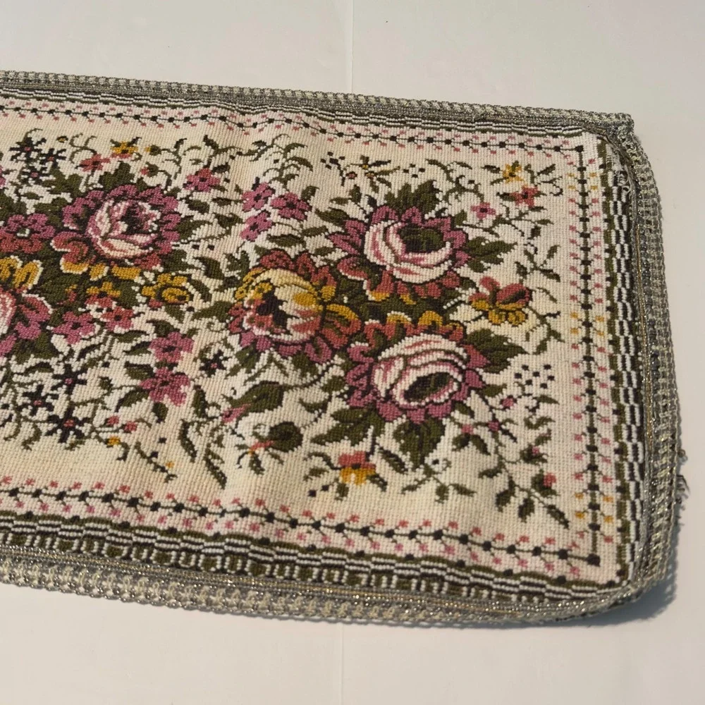 Vintage Floral Needlepoint Table Runner Pink Cream Rose Tapestry 37x13 Decor